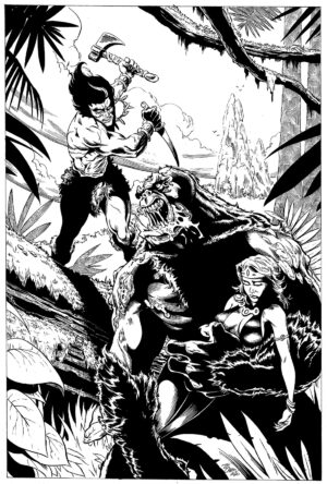 A black and white illustration of Conan fighting a monster which is holding an unconscious woman.