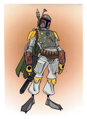 An illustration of the character of Boba Fett from Star Wars, done in a cartoony style.