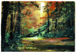 A painting of a forest landscape