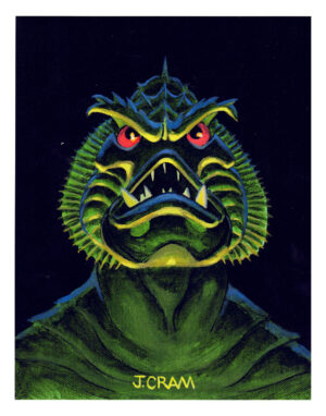 Painting of a gillman done in a cartoony style.