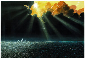 A painting of a dark sea landscape with sailboats in the distance.