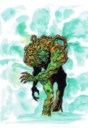 An illustration of Swamp Thing, pen an ink with colors by markers