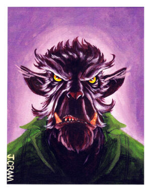 Painting of a wolfman, done in a cartoony style.